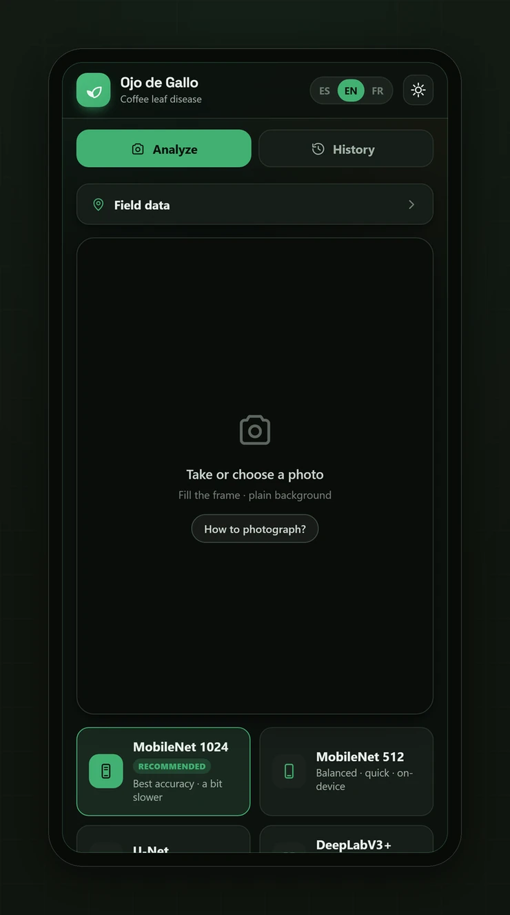 Offline Android app screen grading an ojo de gallo leaf